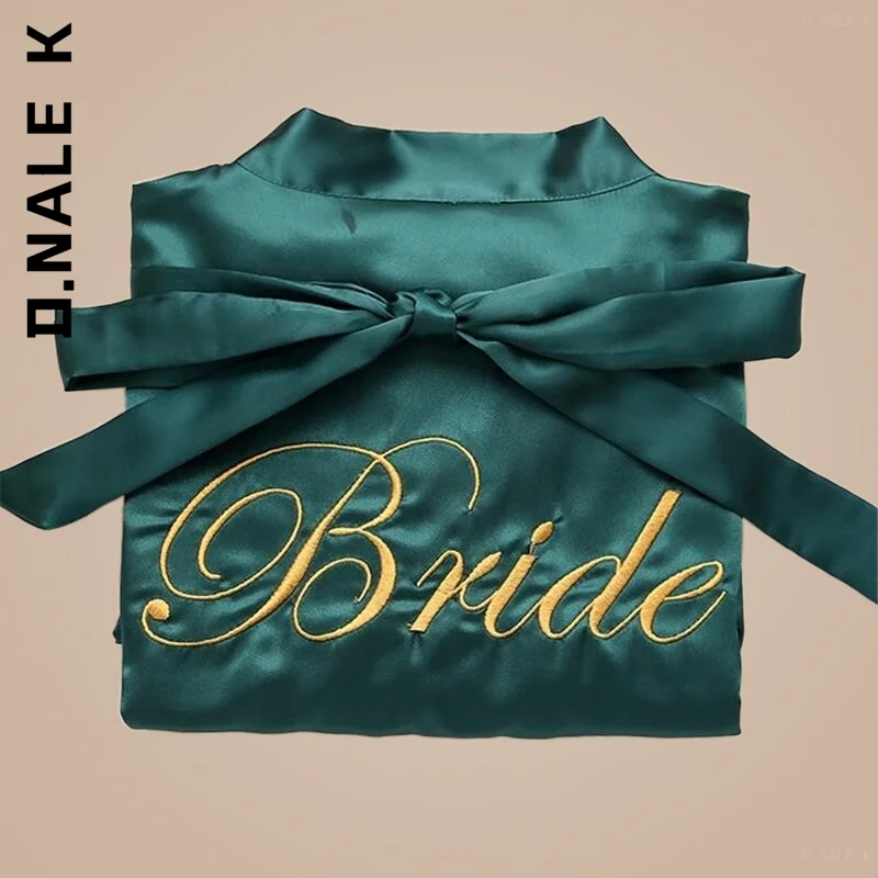 

D.Nale K Sexy Nightwear Bride Bridesmaid Wedding Robe Embroidery Kimono Bathrobe Gown Nightgown Satin Short Women Sleepwear