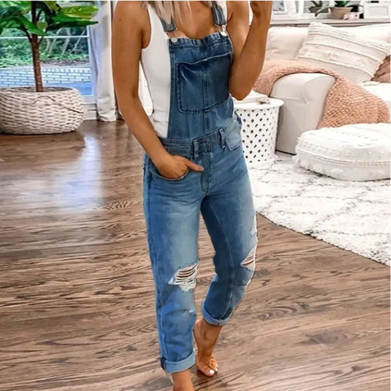 

Women Denim Suspender Pants Plain Buttons Shoulder Straps Ripped Overall Jeans Ladies Backless Pencil Long Pants Casual Jumpsuit