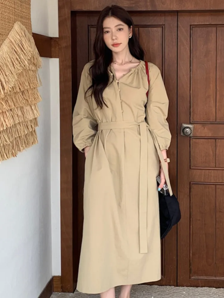 

Женское платье-рубашка с поясом, повседневное однотонное платье средней длины цвета хаки с длинным рукавом, в винтажном Корейском стиле, осень 2023