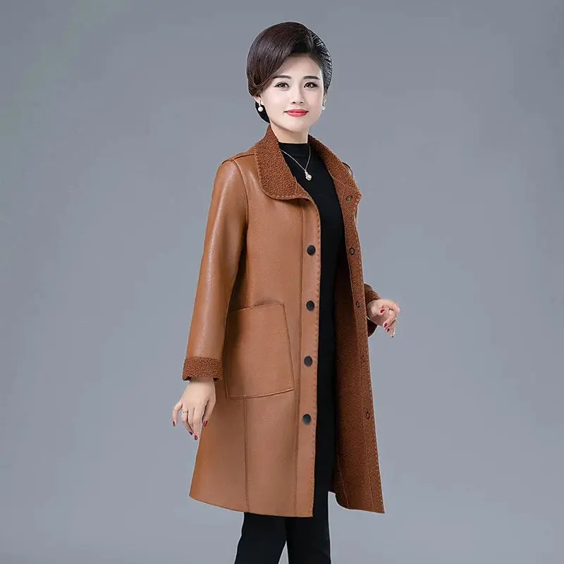 Lamb Fur Ladies Leather Loose Korean Fur One Medium-long Mother's Autumn  Winter Women's Coat Thick Brown Winter Jacket Women