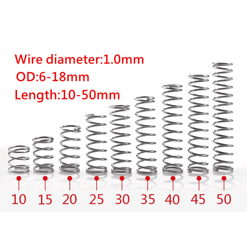 

10pcs Wire Dia 1.0mm Stainless Steel Micro Small Compression Spring OD 6-18mm Length 10mm to 50mm