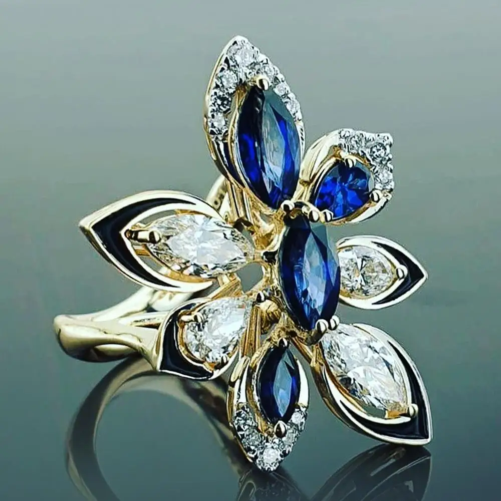 

Luxury Gold Color Flower Design Wedding Women Ring Hollow Out Double Layer White & Blue Cubic Zirconia Noble Female Rings