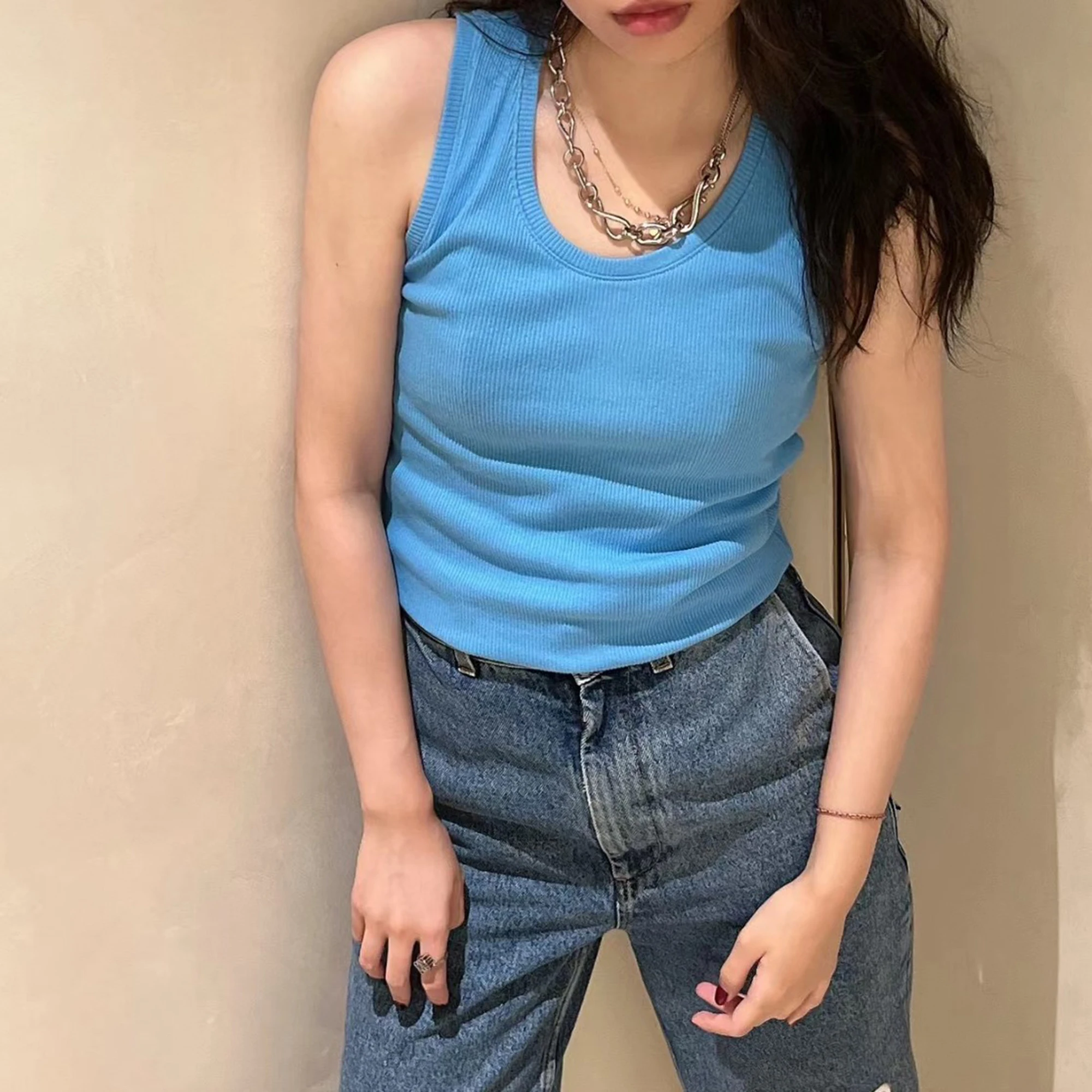 

Новинка 98715, голубой эластичный жилет с отделением, Женская роскошная дизайнерская облегающая футболка, нижняя рубашка, темпераментная летняя одежда