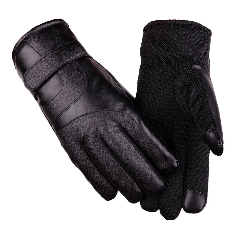 

Men's Women Winter Warm Black Windproof Waterproof Leather Gloves Plus Plush Thick Cashmere Touch Screen Driving Gloves