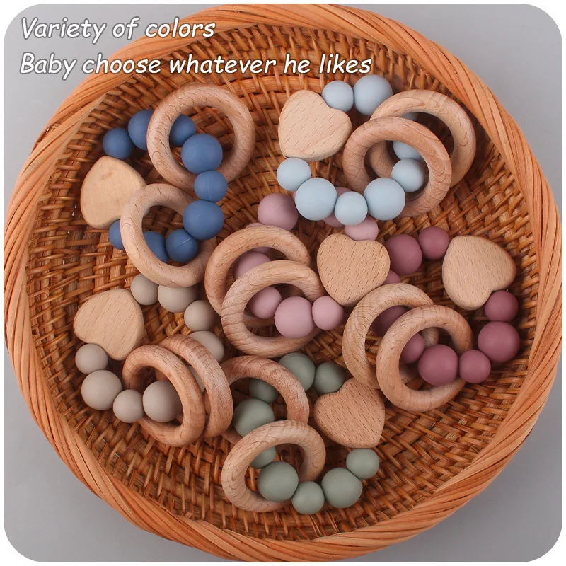 

Baby Nursing Bracelets Teether Toy Silicone Beads Wooden Beech Ring Beads Teething Wood Rattles Fidget Toys Newborn Accessories