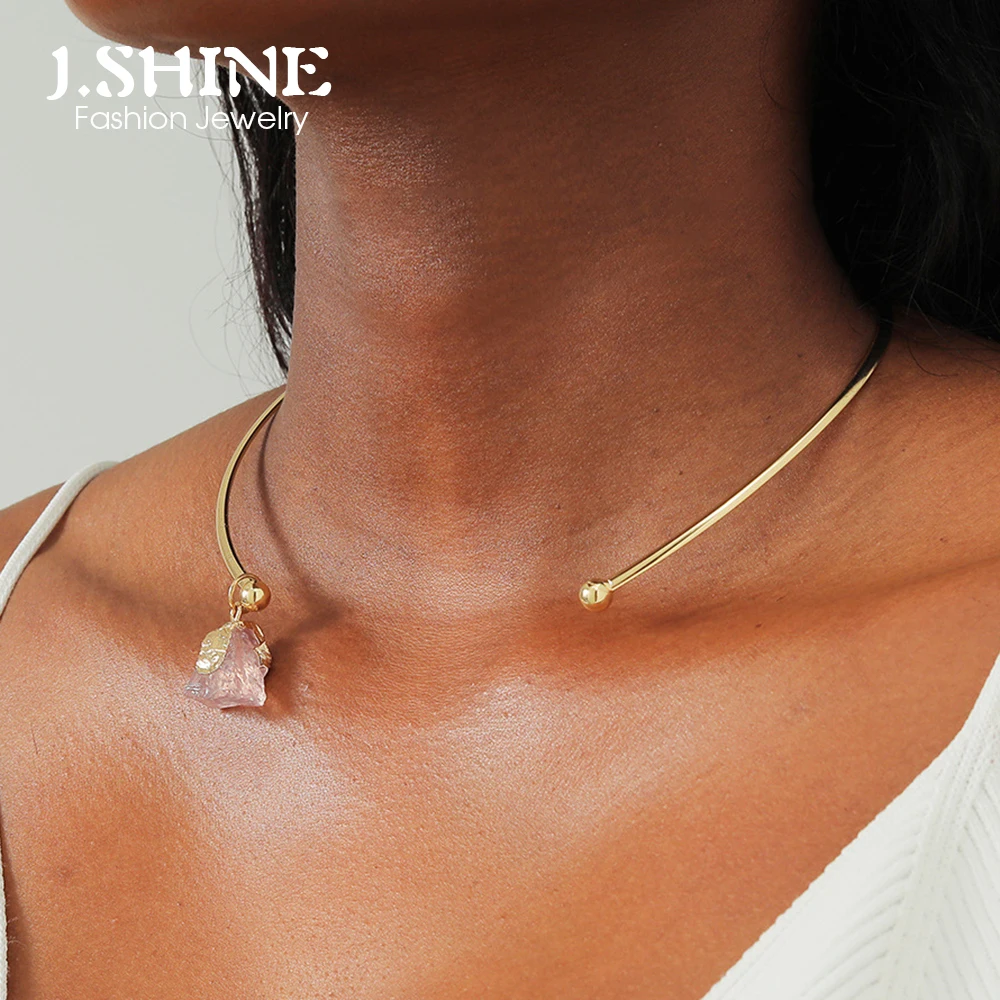 JShine Irregular Pink Crystal Collar Gold Color Metal Open CHOKER Necklace Movable Stone Pendant Neck Fashion Jewelry