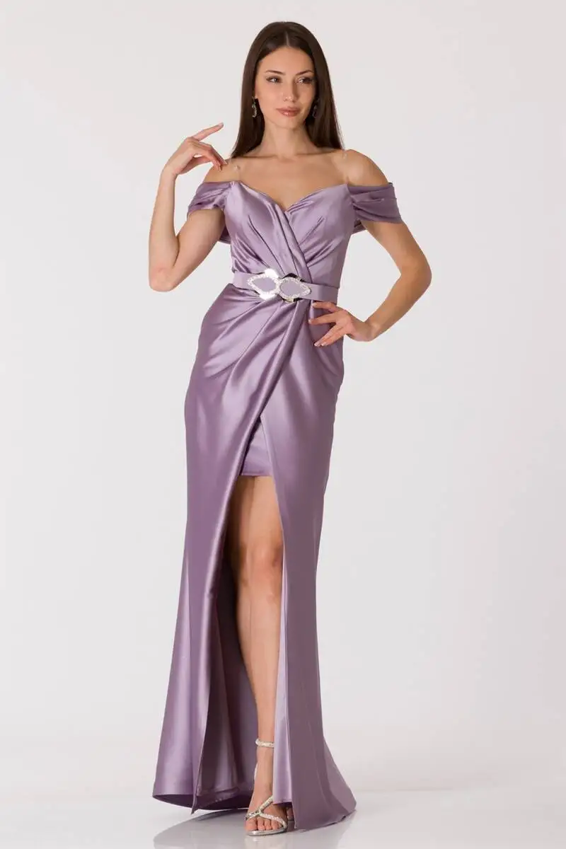 

Double breasted Collar Slits Evening Dresses Lavender