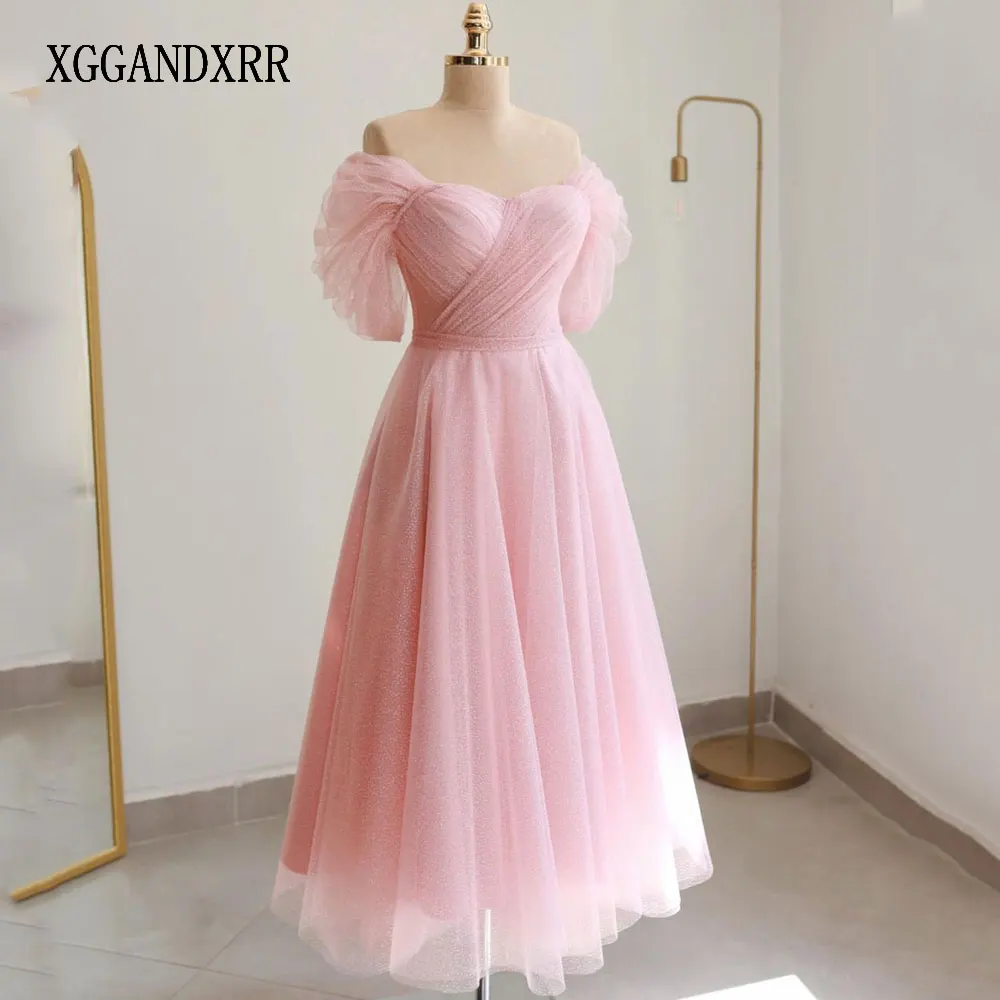 

Light Pink/Blue Tea-Length Tulle Prom Dress 2024 Sparkling Off Shoulder Sweetheart Short Sleeves Evening Party Gown with Pleats