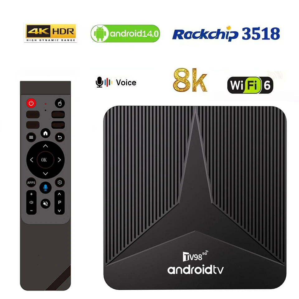 Фото ТВ-приставка TV98 ATV RK3518 Smart 5G 4G Dual WiFi 8GB 128GB BT5.0 Android 14 с голосовым пультом, поддержка потокового вещания 8K 4K Ultra HD, IPTV. №1