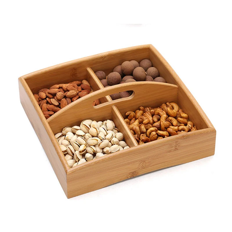 

Solid Wood Tray With Handle Square Wooden Divided Serving Trays 4 Compartments Nut Candy Snack Storage Organizer Table Tray
