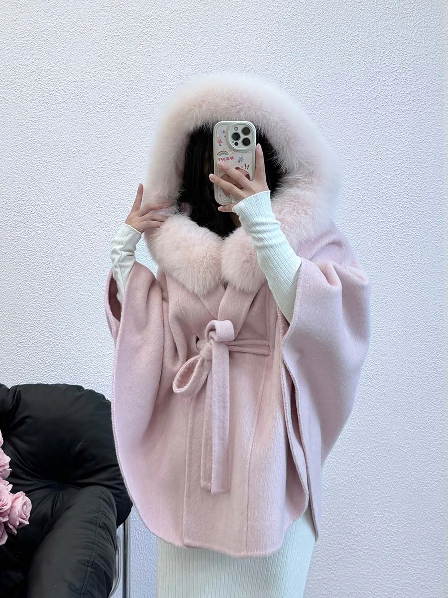 Женская шаль с воротником из натурального лисьего меха и капюшоном манжеты