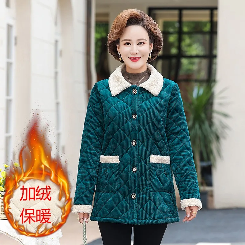 

Winter Corduroy Coat Plus Velvet Thick Middle-Aged Elderly Grandma Parkas Warm Cotton-Padded Jacket For Women