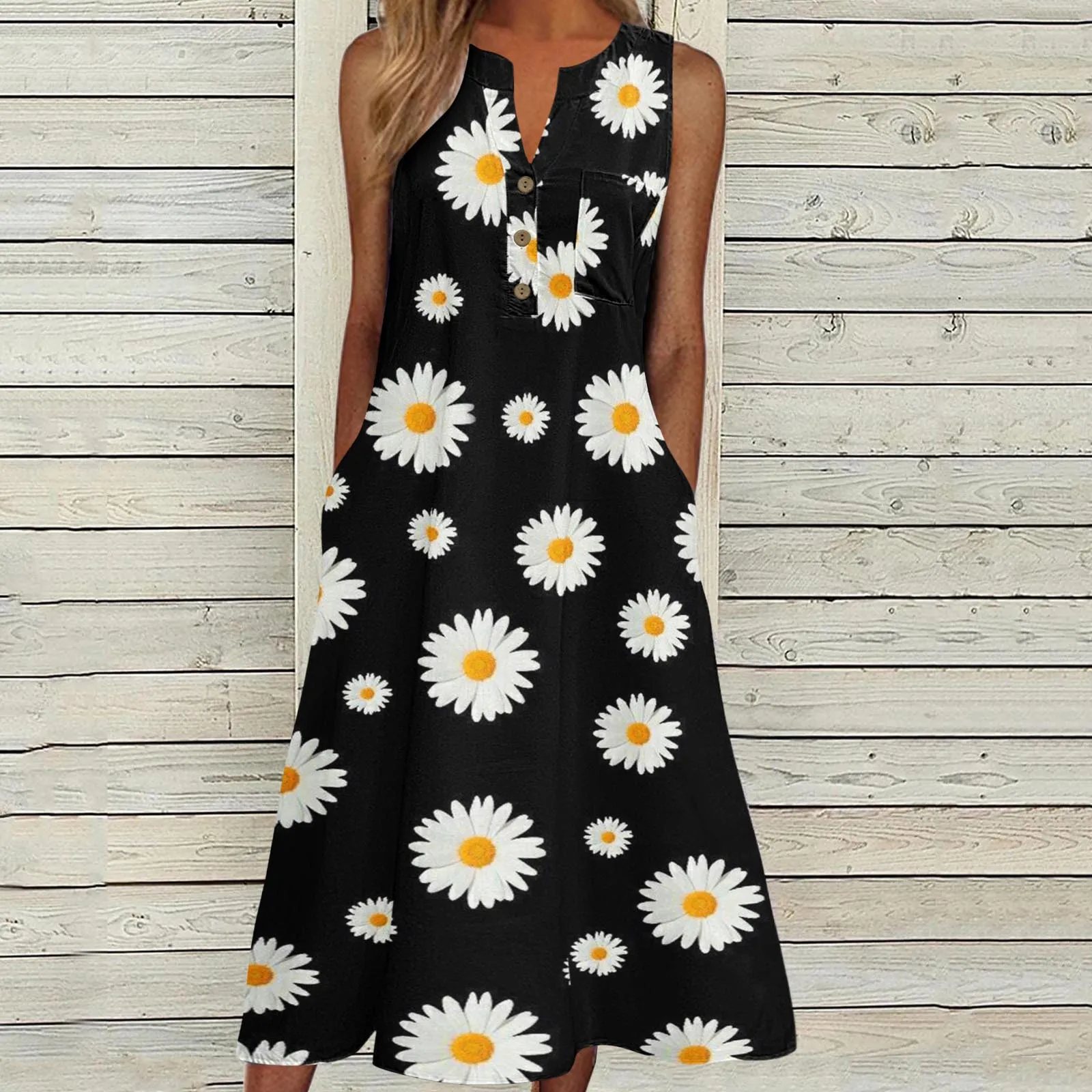 

Женские платья с V-образным вырезом, без рукавов, на пуговицах, с цветочным принтом, платье миди, повседневные свободные женские платья для м...