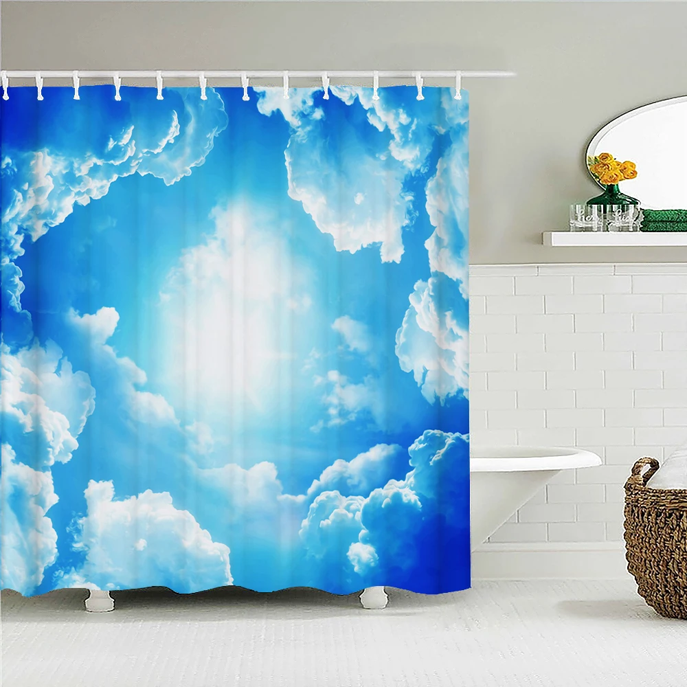 

3D Printing Sunny Blue Sky With White Clouds Shower Curtain Waterproof Decor Curtain Belt Hooks Shower Curtains Douchegordijn