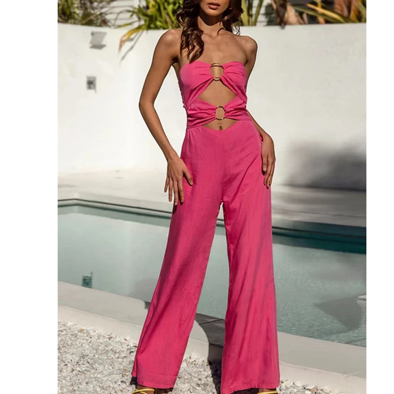 

Женский комбинезон с открытыми плечами, однотонный комбинезон на молнии сзади с вырезами и широкими штанинами, летняя одежда в стиле High Street