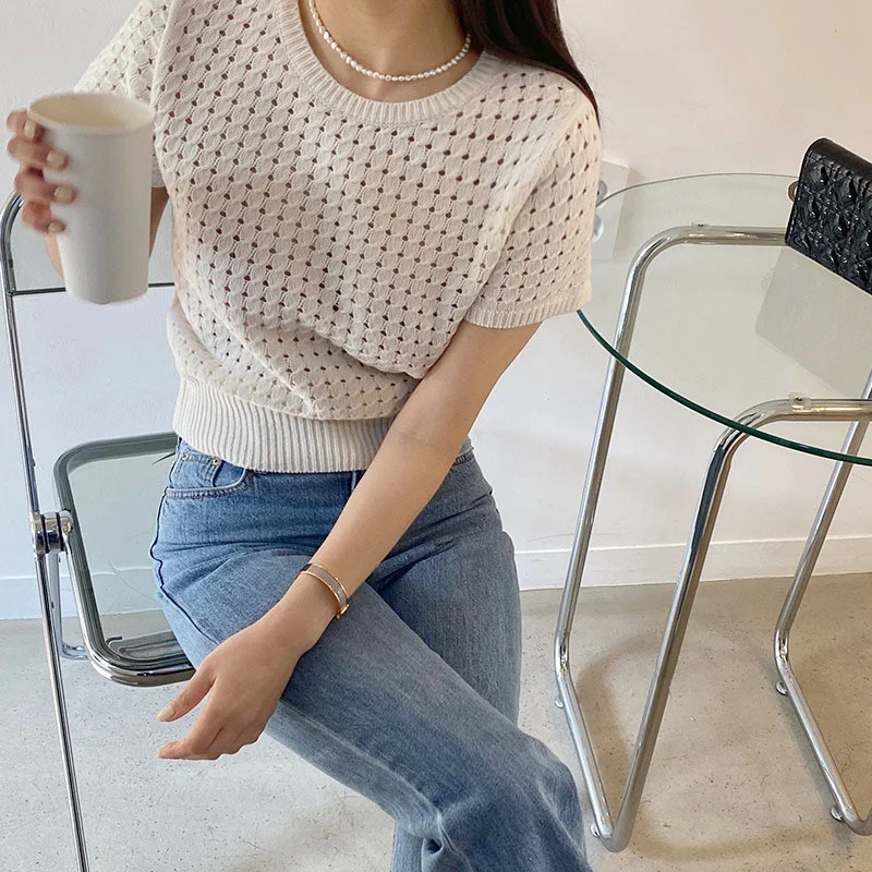 

Sweater Pure Color Small Fresh Round Neck Short Sleeved Fried Dough Twist Wispy Empty Sweater Top 2022 Korean Spring Summer