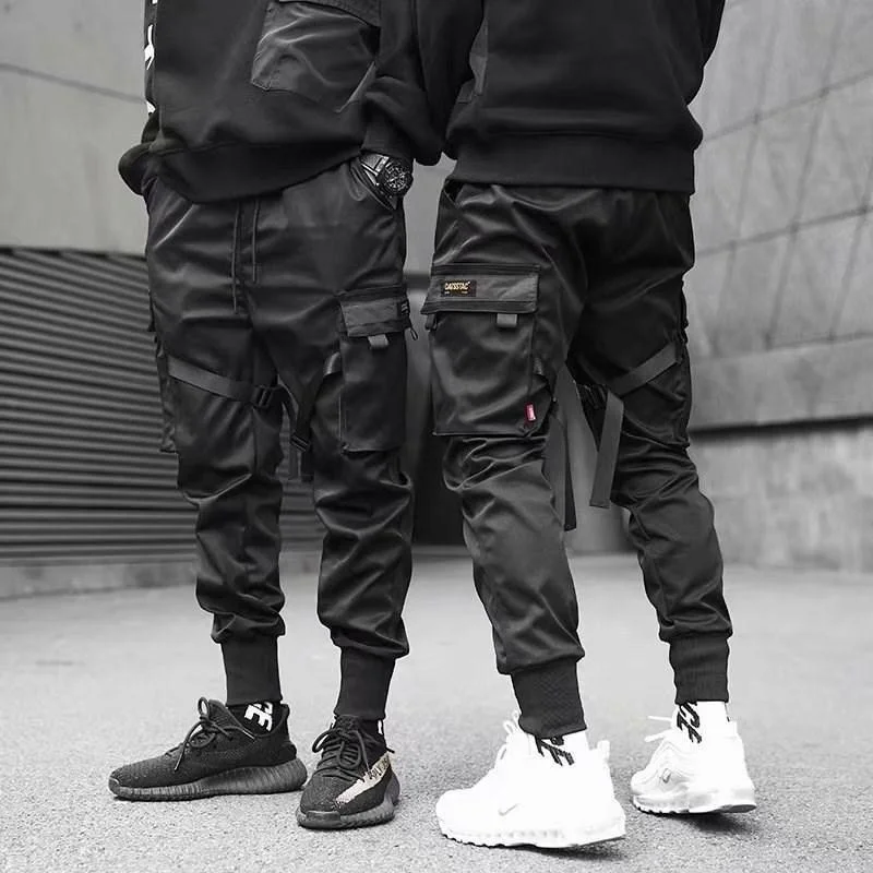 Men Ribbons Block Black Pocket Cargo Pants Hip Hop Trousers