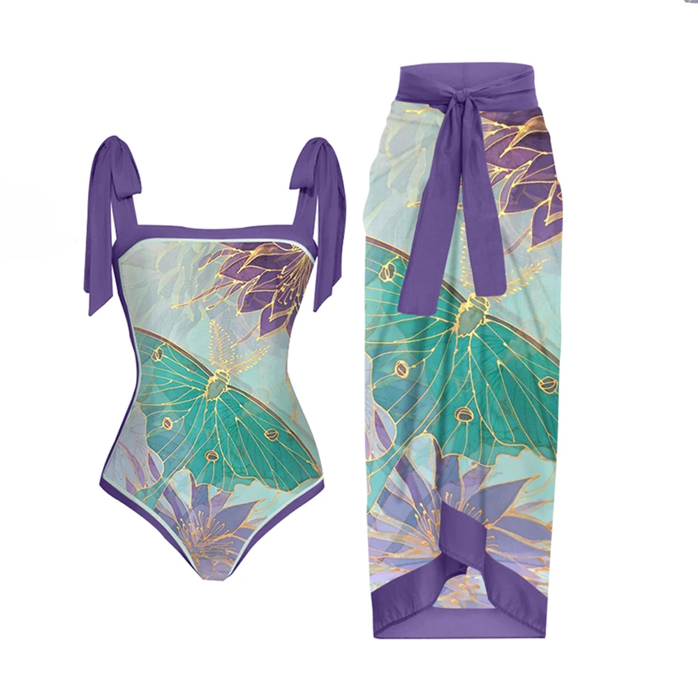 

Vintage Butterfly Floral Print One-Piece Swimsuit Women 2023 Square Collar HIgh Waist BIkini Summer Beach Chic Lace-Up Skirts