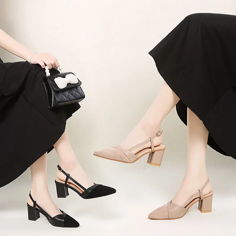

Женские босоножки на высоком каблуке, заостренный носок, пряжка, модная повседневная обувь в Корейском стиле, туфли-лодочки на толстом кабл...