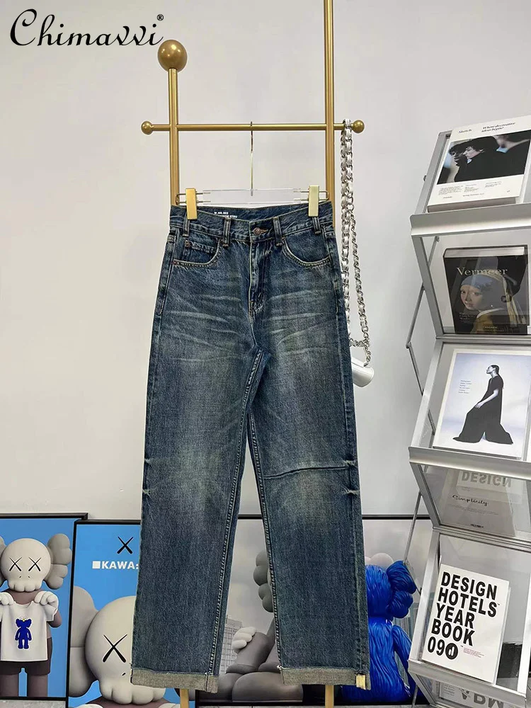 

Женские брюки, новинка сезона осень-зима 2023, модные облегающие джинсы с промытыми полями, свободные офисные женские прямые джинсовые брюки