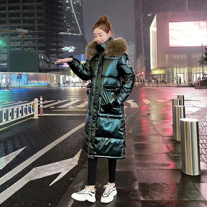 

Winter Fashion Big Collar Glossy Puffer Jacket Thicken ded Long Down Cotton Quilted Coat Casual Loose Female Parkas