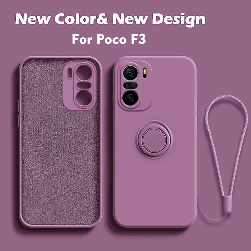 

Poco F3 Pocof3 Pro Phone Case Original Liquid Silicone Soft Cases For Xiaomi Poco F3 Pocof3 Ring Holder Strap Cover For Poco F3
