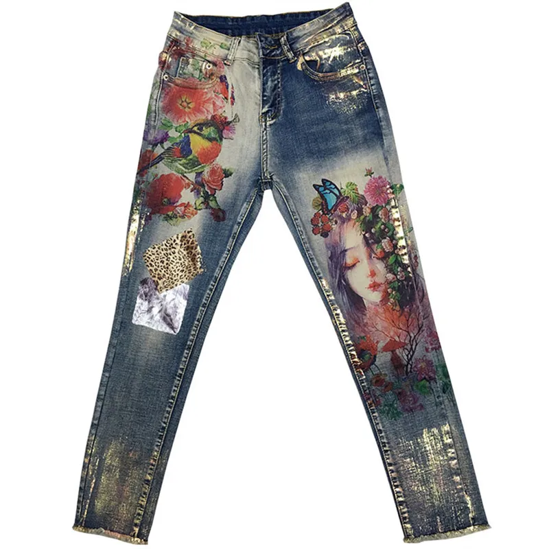 

3D Stretchy Jeans With Flowers Pattern Painted Pencil Pants Woman Elegant Style Denim Pants Trousers For Women Jeans