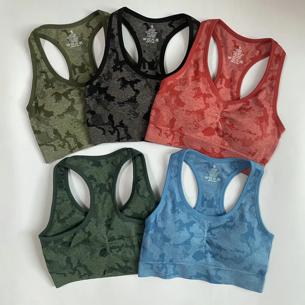 Pericic Adapt Women Camo Seamless Sports Bra Criss-Cross Racer Back Padded Sport Brassiere Fitness Crop Top Workout Yoga Bra