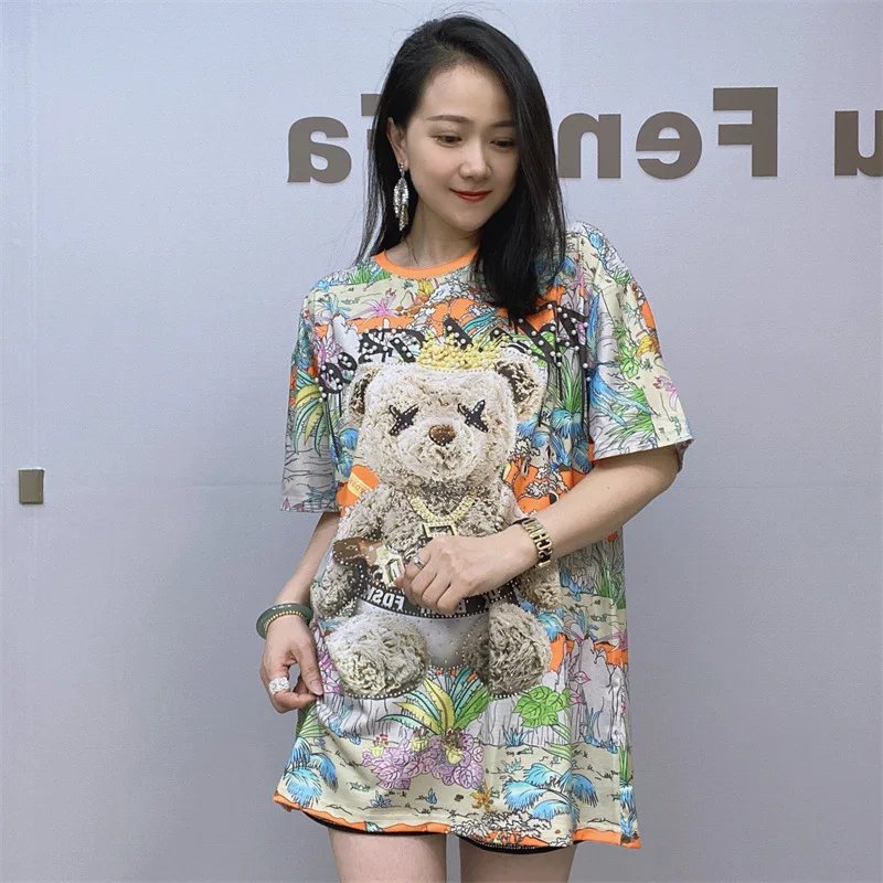 

2023 Fashion Printed T Shirts for Women Summer Clothes Casual Cartoon Bear Pattern Hot Diamonds Beading Short Sleeve Tops Tee