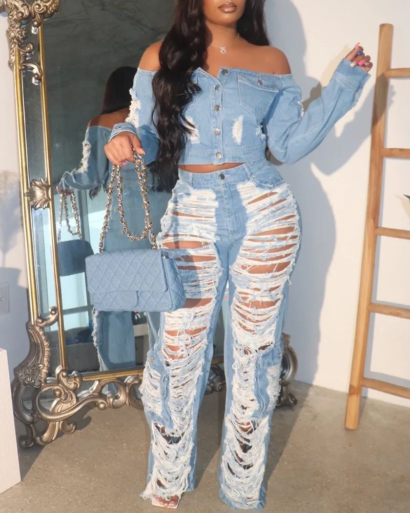 

Дизайнерские рваные джинсы с высокой талией и карманами, женские пикантные модные длинные брюки из денима с вырезами