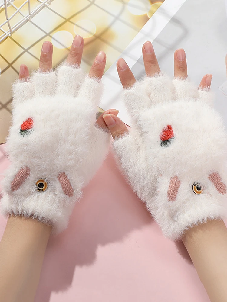 

Однотонные теплые женские бархатные перчатки INDJXND с милыми кроличьими ушками, плюшевые зимние перчатки с полупальцами, стильные Мягкие сти...