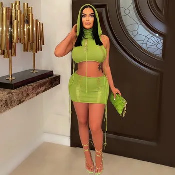 Casual Women Tracksuit Skirt Two Piece Set Knit Ribbed Hooded Solid Color Streetwear Clothes For Women Outfit 1