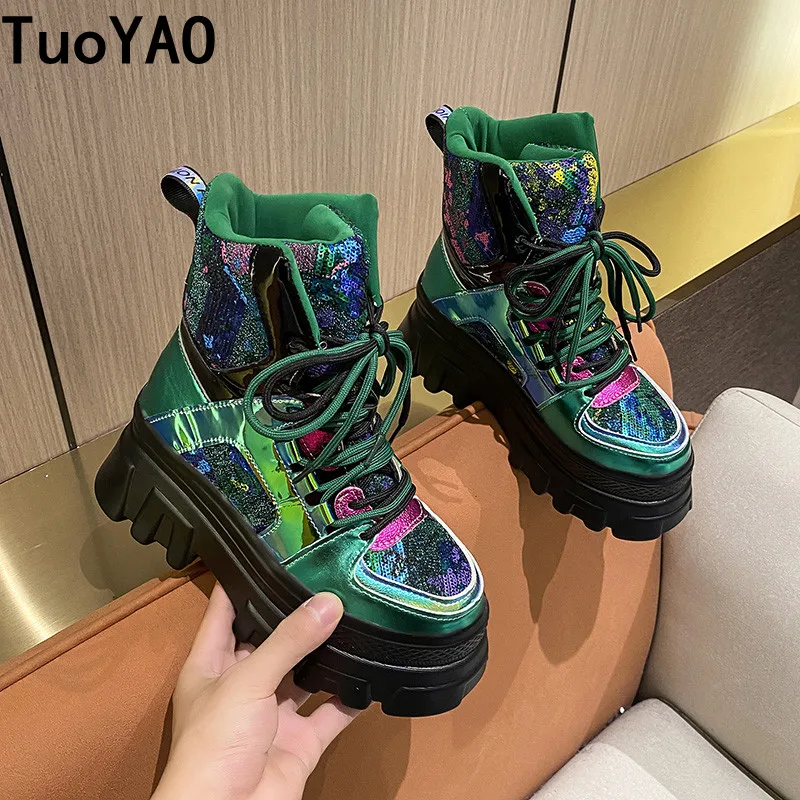 NEW Autmn Women Ankle Boots 8CM Heels High Top Wedges Chunky Sneakers Platform Leather Bling Shoes For Women Botas Feminina 2022