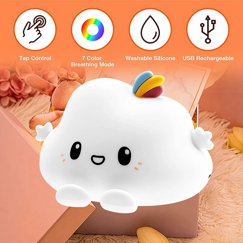 Promotion! LED Children Night Light USB Rechargeable Touch-Control Silicone Cloud Nursery Lights With 7-Color Breathing Modes |