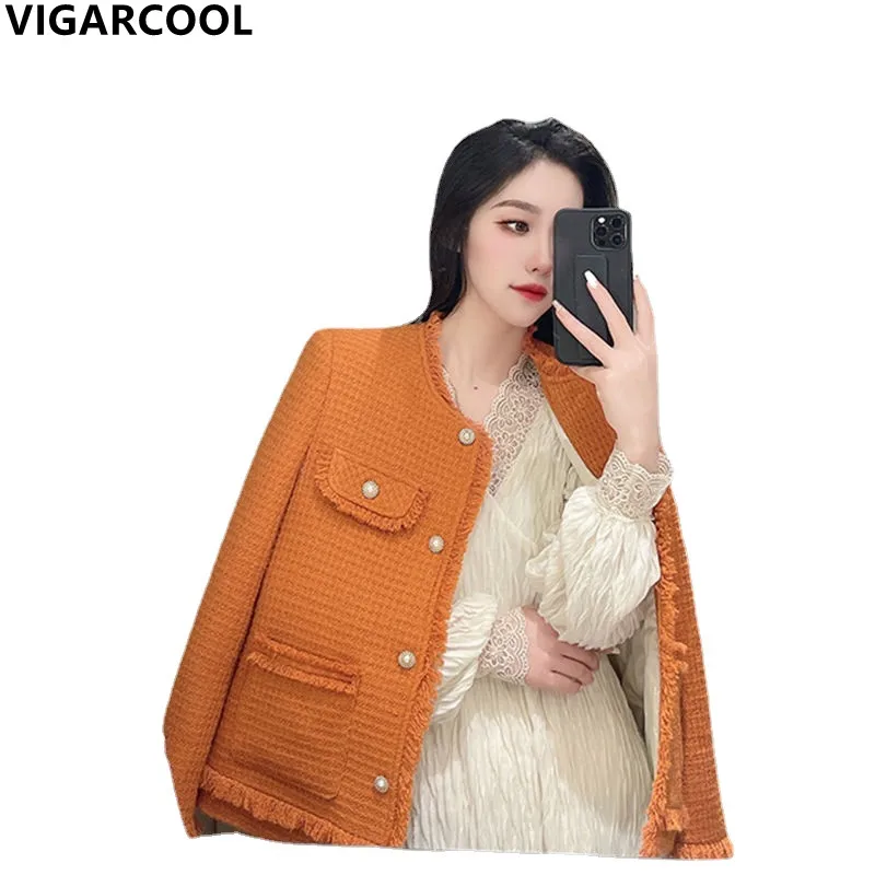 

New Women's grain pattern retro Temperament elegant Coat solid color tassel exquisite high-end Jacket French pearl button Jacket