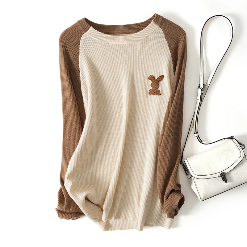 

Soft and Comfortable Spring New round Neck Color Contrast Long Sleeve T-shirt Loose Slimming Casual Bottoming Sweater for Women