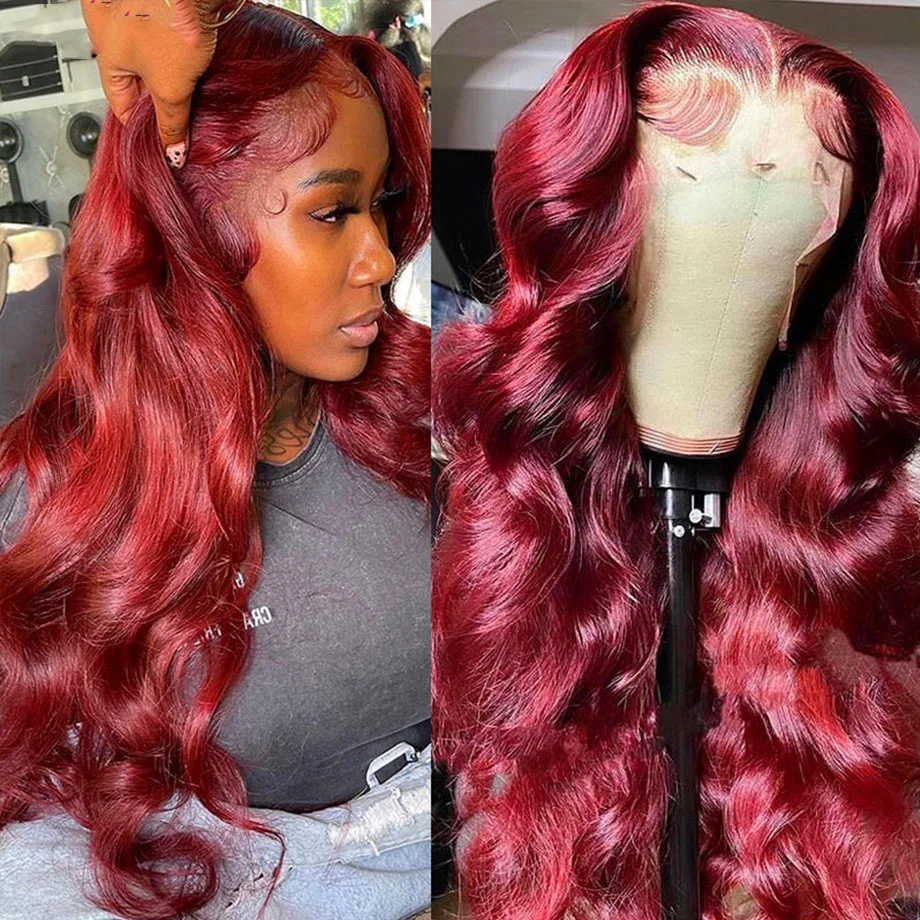 

200 Density Body Wave 99J Red Colore 13x6 Lace Front Wig Human Hair Wig Glueless Pre Plucked Peruvian Virgin 4x4 Closure Wigs