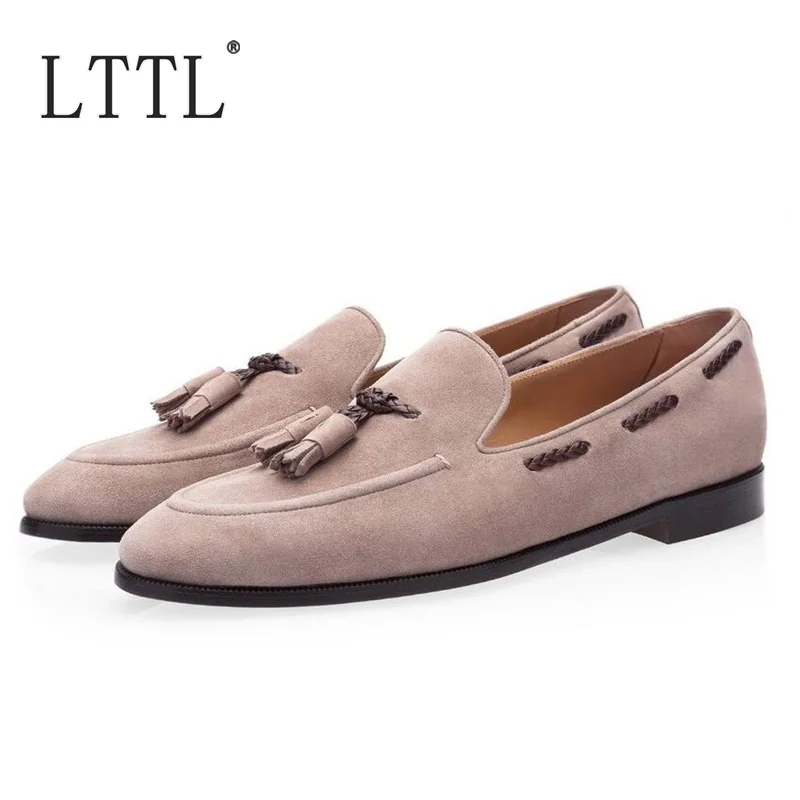 Classic Fashion Khaki Men Tassel Loafers High Quality Italy Suede Leather Shoes Casual Flats Handmade Male Smoking Slippers