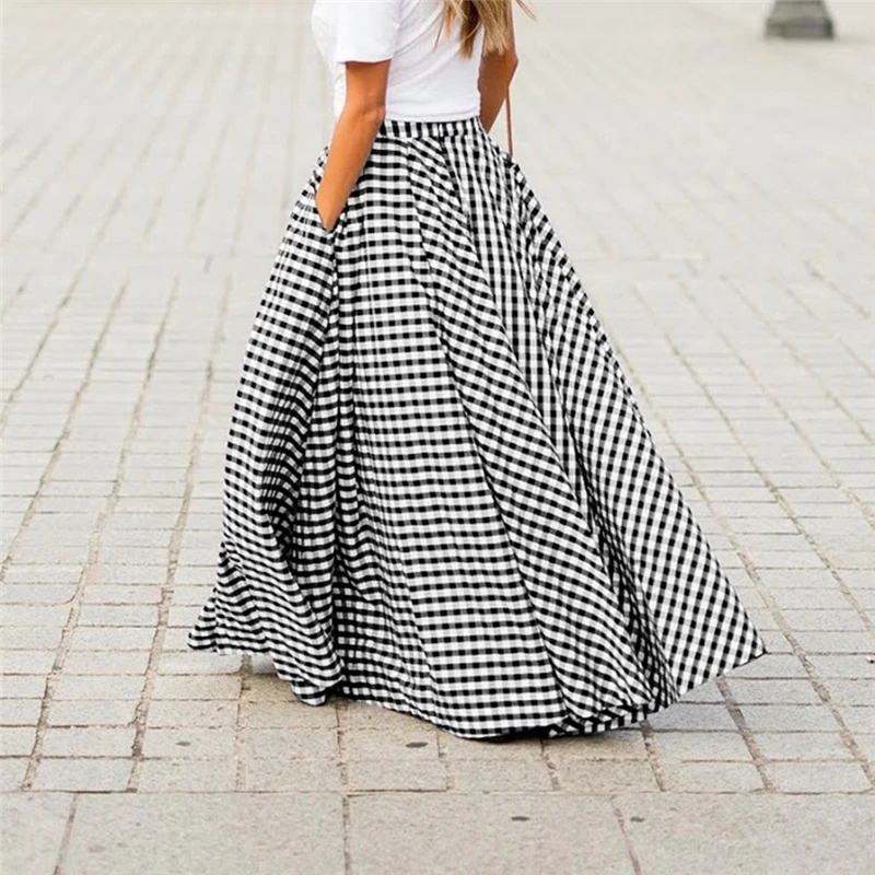 

Women Summer Vintage Literary All Match Umbrella Skirt High Waist Slim A Word Plaid Long Skirt Casual Big Swing Check Skirt