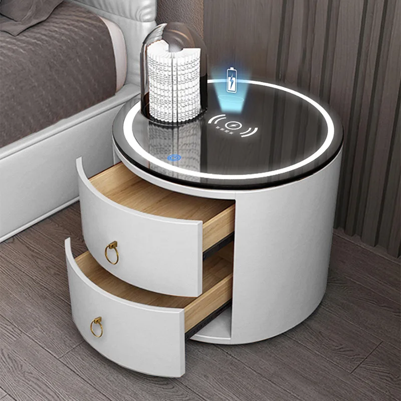 

Mobile Round Bedside Table Comfortable Leather Luxury Makeup Nightstand Drawers Modern Simple Storage Smart Furniture HY50BT