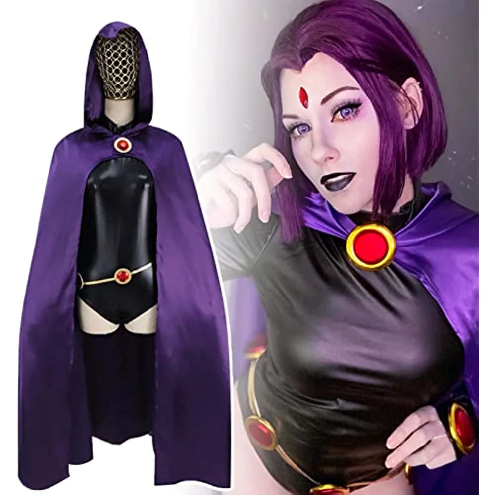 TeenTitans-Raven Cosplay Costume,Deluxe Jumpsuit Belt With Purple Cloak Halloween Uniform Cosplay Costume For Women