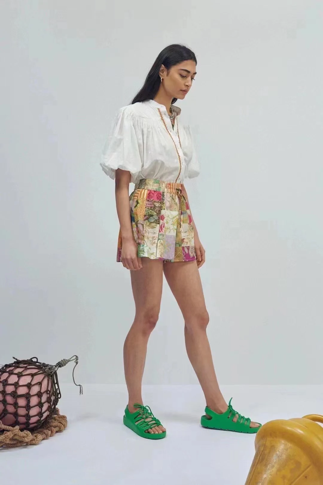 2022 New Retro Print Lantern Sleeve Linen Blouse Shirt+ Casual Linen Shorts Suits Set