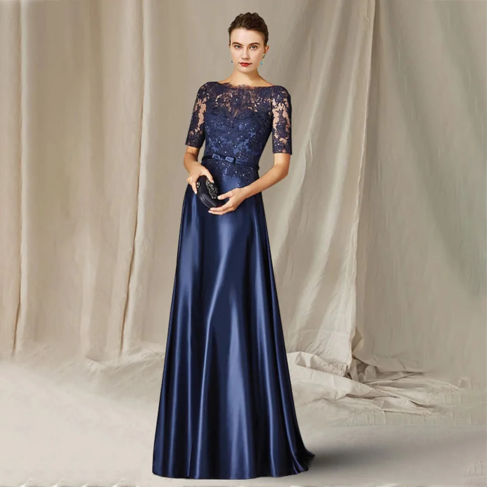 

Платье длинное ТРАПЕЦИЕВИДНОЕ для матери невесты, с коротким рукавом и круглым вырезом