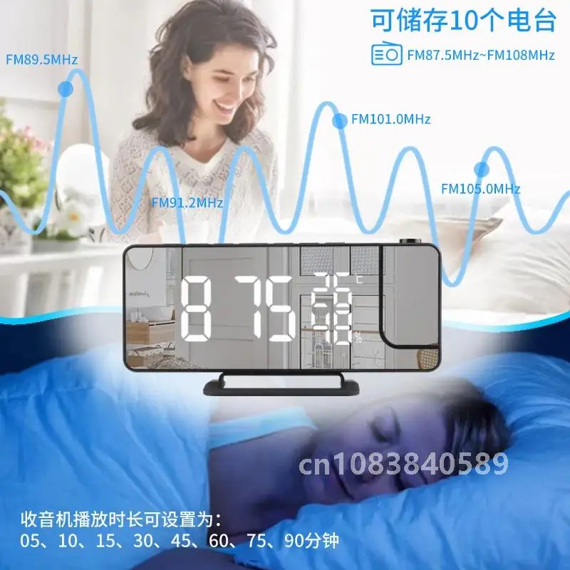 LED Digital Mirror Projection Alarm Clock Home FM Radio Thermometer Hygrometer USB Wake Up Watch 180° Projector Time Snooze Gift