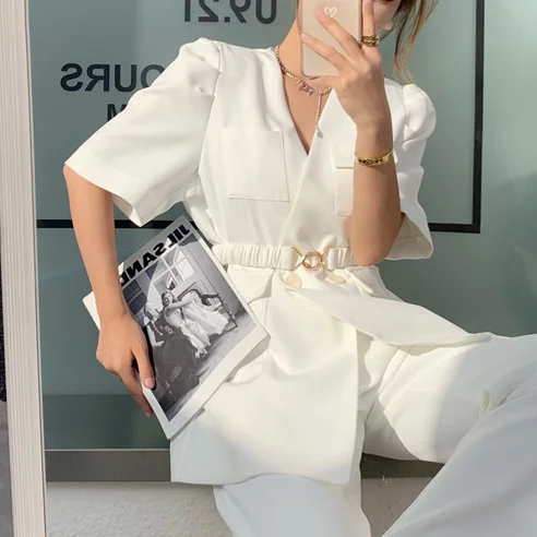 Elegant Blue V-neck Puff Sleeve Blazer Jacket Ladies Belt Summer Fashion Elegant Office Worker Lady White Short Sleeve Clothing