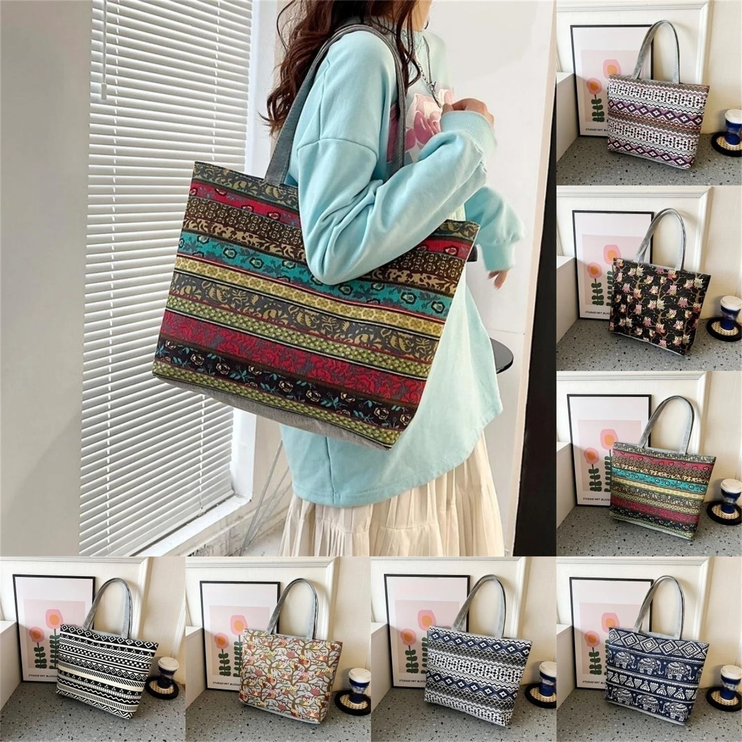 

Повседневные вместительные сумки через плечо, сумка-шоппер, модные холщовые сумки в полоску в стиле Харадзюку на молнии, с принтом в стиле ретро, в этническом стиле, роскошные женские сумки
