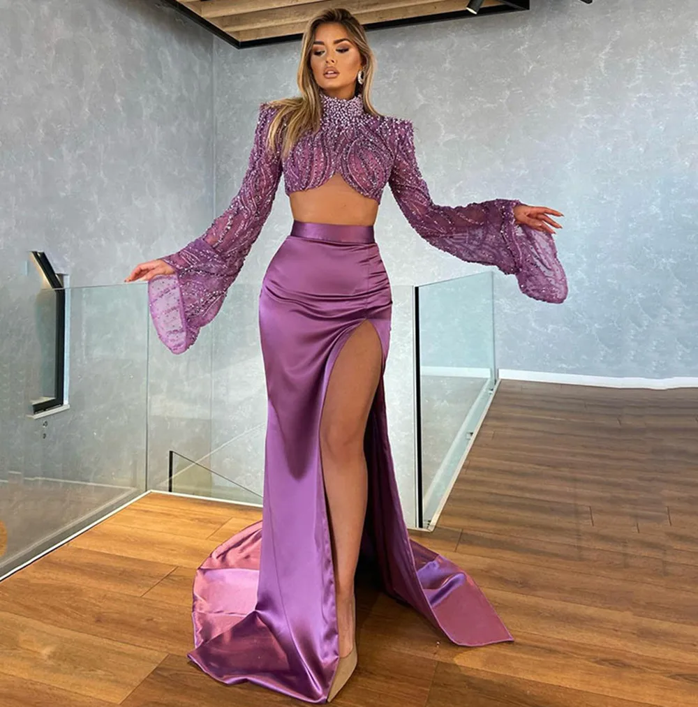 

Purple Mermaid Prom Dress Sequin Beaded Turtleneck Long Sleeve Two Piece Women's Formal Party Slim Fit Floor Satin