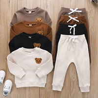 lovely autumn kids child clothes sets for boy girls solid ribbbed long sleeve embroidered bear sweatshirtslong pants tracksuits