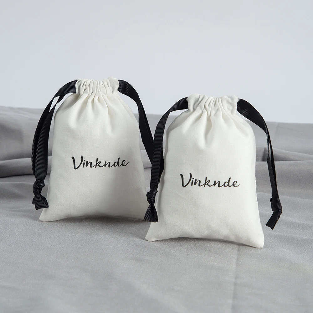 New White Canvas Bags with Black Drawstring Custom Logo Printing Gift Cotton Pouch Ring Earrings Jewelry Packaging Organizer Bag