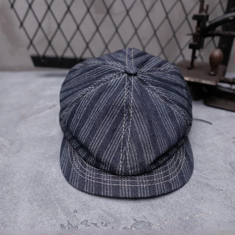 Vintage Denim Octagonal Cap Striped Distressed Newsboy Painter's Unisex Stylish Hat